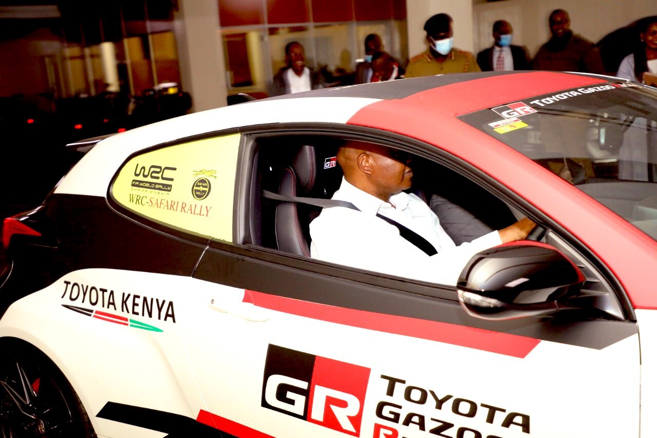 Photos of excited DCI boss George Kinoti in a Safari Rally car