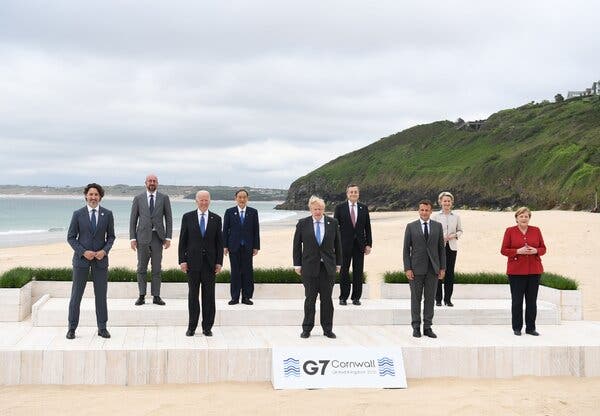 G7 leaders posing for a “family photo” during their summit in Carbis Bay, England, on Friday.