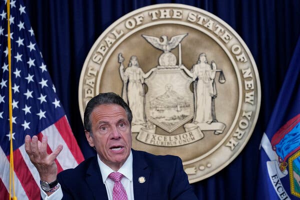 Gov. Andrew Cuomo of New York at a news conference on Monday announcing vaccination requirements for the fall for New York state university students.