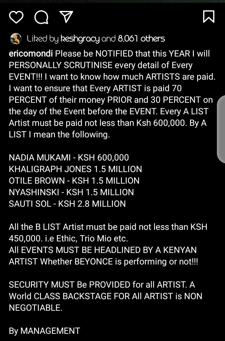 Eric Omondi Vows To Ensure High Pay For Artists Performing In Concerts (Screenshot)