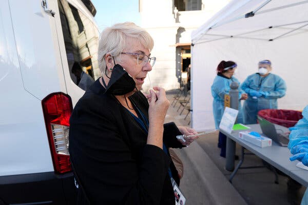 State Representative Cathy Kipp, a Democrat in Colorado, performed a Covid-19 test in January before entering the State Capitol in Denver.