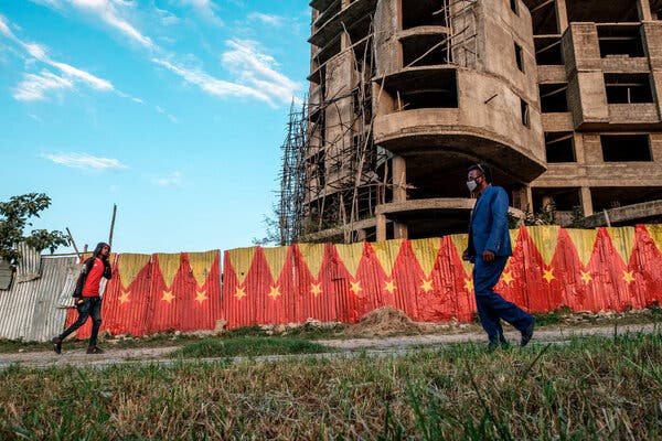 Flags representing the Tigray region of Ethiopia lining a wall in Mekelle, the area’s capital.