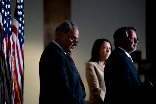 Both Senator Chuck Schumer, Democrat of New York and the majority leader, left, and Senator Gary Peters, Democrat of Michigan, support the Endless Frontier Act.
