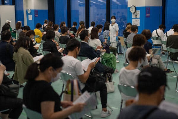 An observation area for patients who received doses of Moderna’s Covid-19 vaccine in Tokyo in June.