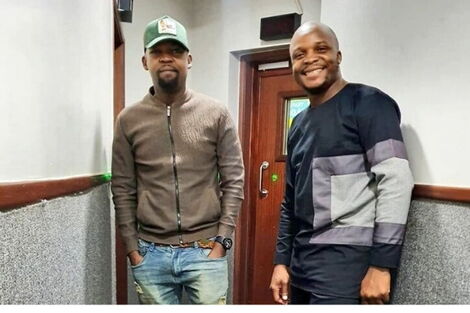 Alex Mwakideu (left) and Felix Odiwour, Jalango, (right) at Milele FM studios on Tuesday, March 3, 2020