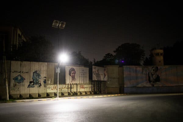The exterior of the U.S. Embassy in Kabul, seen late on Aug. 15, the day the Taliban took control of the city.
