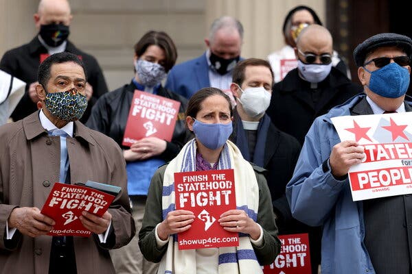 A rally supporting statehood for Washington, D.C., in April. A Senate committee is holding a hearing today on legislation that would establish the district as the nation’s 51st state.