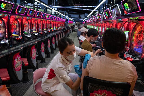 A vaccination drive in a pachinko parlor in Osaka, Japan, this month.