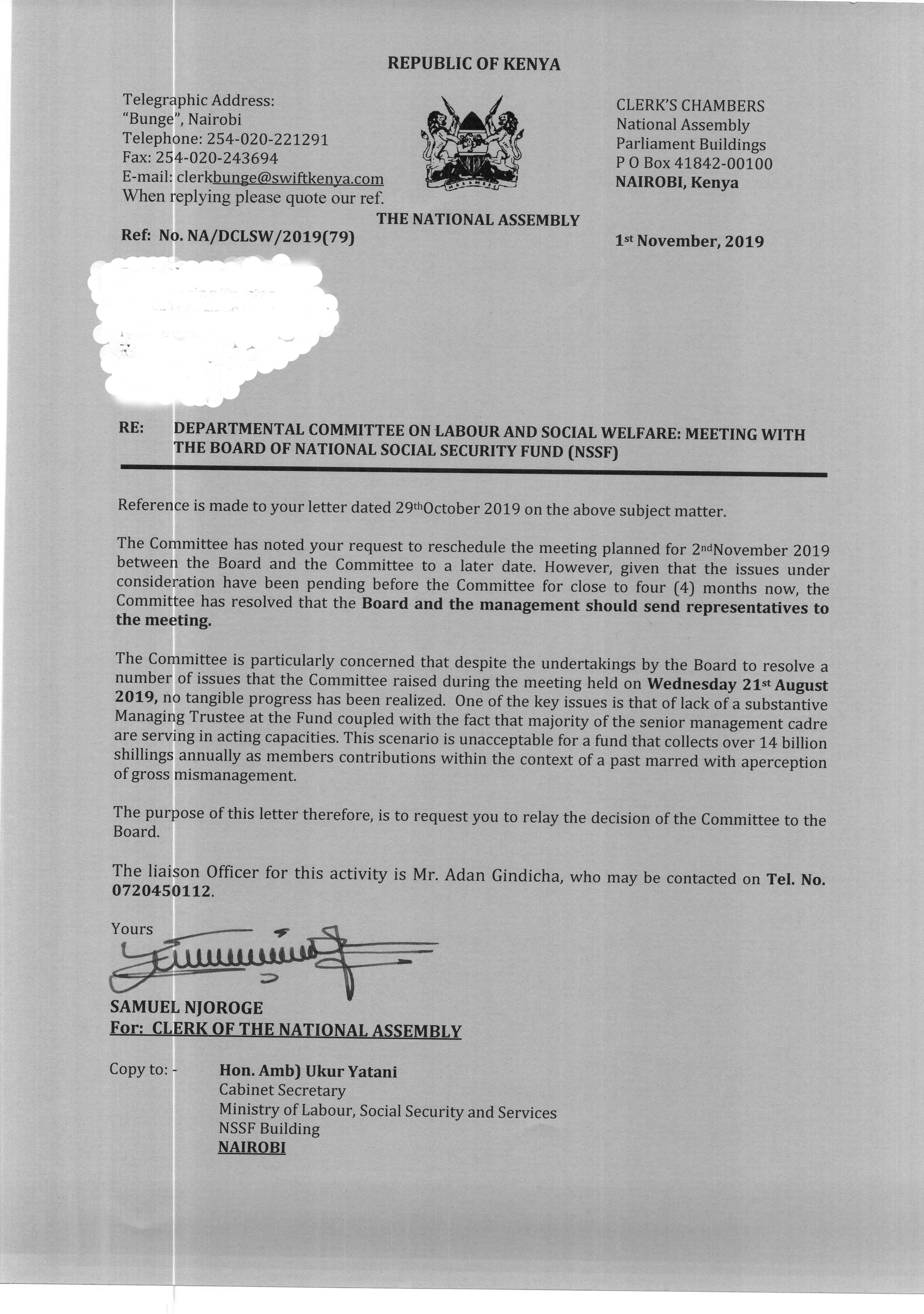 Leaked parliament letter on NSSF management saga – Weekly Citizen