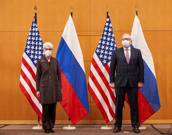 U.S. Deputy Secretary of State Wendy Sherman and her Russian counterpart, Sergei A. Ryabkov, at the United States Mission in Geneva on Monday.