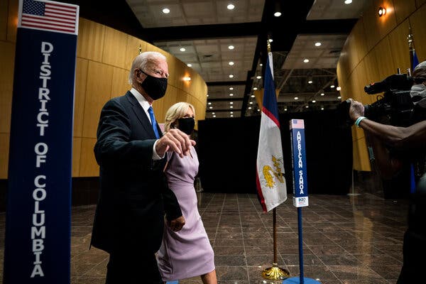 Joseph R. Biden Jr. with his wife, Jill, after accepting the Democratic nomination on Thursday.