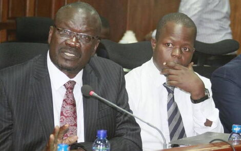 Siaya Governor Cornell Rasanga and his Finance Director Daniel Nyonje respond to audit queries at Parliament on August 6, 2018.