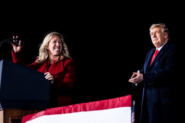 Representative Marjorie Taylor Greene, Republican of Georgia, spoke at a campaign rally with President Donald J. Trump in Dalton, Ga. in January.