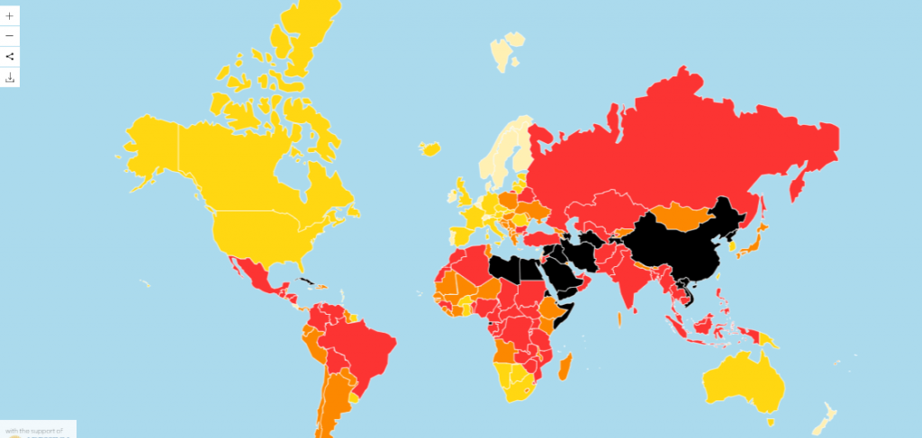 Press Freedom Map 2021 by Reporters Sans Frontiers (Reporters Without Borders). Black represents the lowest media freedom scores while yellow represents high scores. (Source: Reporters Without Borders)