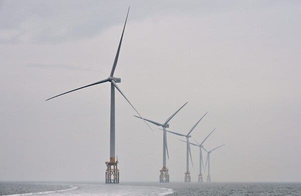 Turbine towers at an offshore wind farm near Gochang, South Korea. 
