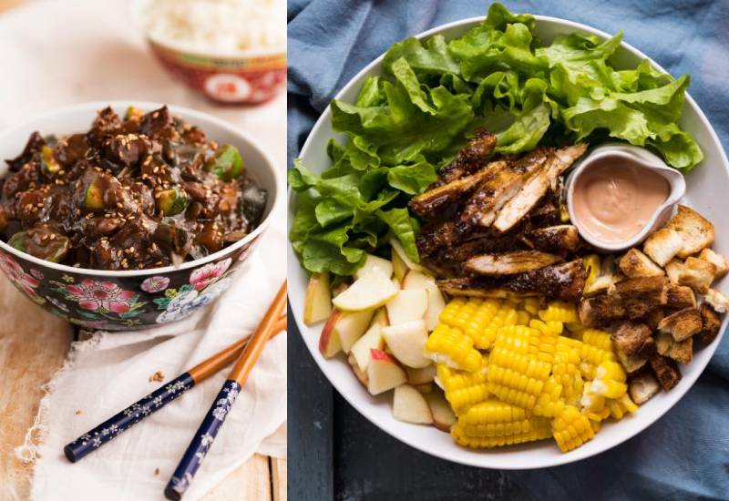 Honey mustard chicken and apple salad; Mongolian beef Eve woman
