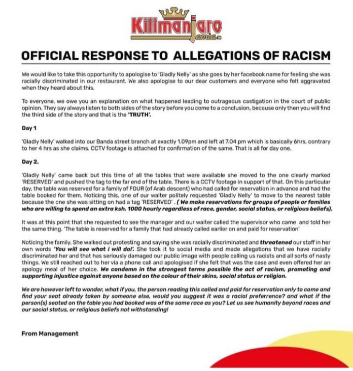 Kilimanjaro Hotel in Nairobi sues customer for defamation by racist claims. 2 Official statement by the Kilimanjaro Hotel