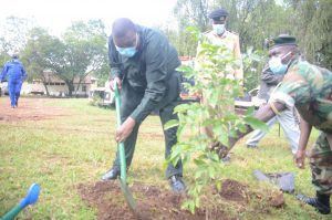Joseph Wakiaga, the Migori County Ecosystem Conservator, planting one of the over 100 trees planted at a land belonging to the Migori Police Station. Photo by Geoffrey Makokha.