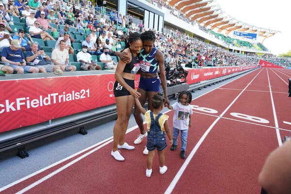 Allyson Felix and Quanera Hayes celebrated after winnnig second and first, respectively, in the 400 meter event at the Track and Field U.S. Olympic Trials on Sunday.
