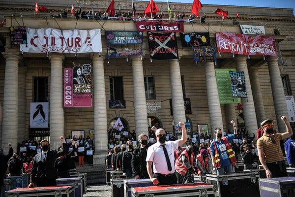 Protesters performed during a demonstration by entertainment and cultural workers outside the occupied Odéon Theater in Paris last month.