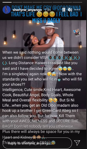 'I Miss You Badly' Sherlyne Anyango Writes Back To Obinna After Breaking Up With Him