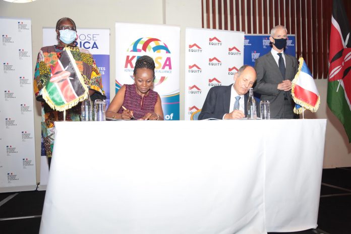 KEPSA CEO Carole Kariuki and MEDEF CEO Philippe Gautier signing an MOU during a business forum with a business delegation from France at Movenpick Hotel. Witnessing the signing is Cabinet Secretary for Industrialization, Trade and Enterprise Development Betty Maina (standing left) and France Minister Delegate for Foreign Trade and Economic Attractiveness Franck Riester (standing right) KEPSA CEO Carole Kariuki and MEDEF CEO Philippe Gautier signing an MOU during a business forum with a business delegation from France at Movenpick Hotel. Witnessing the signing is Cabinet Secretary for Industrialization, Trade and Enterprise Development Betty Maina (standing left) and France Minister Delegate for Foreign Trade and Economic Attractiveness Franck Riester (standing right)