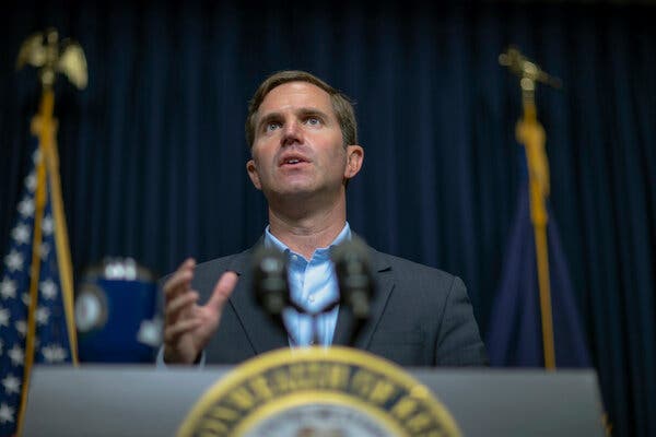 Gov. Andy Beshear speaking to reporters about the pandemic, in Frankfort, Ky., last month.