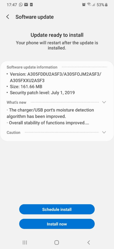 Samsung Galaxy A30 July update rolling out in Kenya with improved USB port moisture detection algorithm