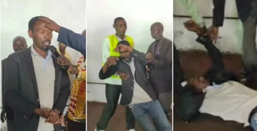 comedian 'Omosh,' real name Joseph Kinuthia, undergoing an exorcism at Pastor Kanyari church photo.
