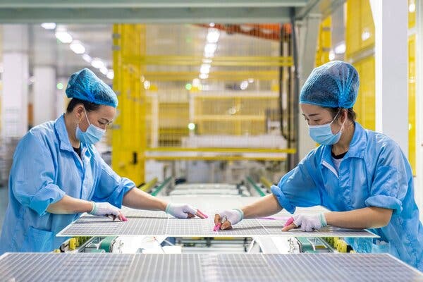 A solar panel factory in Haian, China. The new carve outs allow solar energy projects to continue accessing less costly foreign solar products to the frustration of many domestic producers.