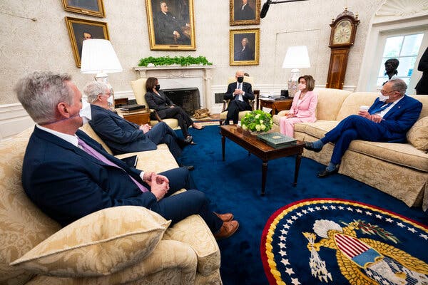 President Biden and Vice President Kamala Harris meeting with the Republican and Democratic leaders of the House and Senate in the Oval Office on Wednesday.