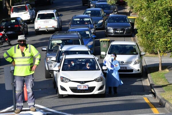 A drive-through coronavirus testing site in Brisbane, Australia, on Tuesday.