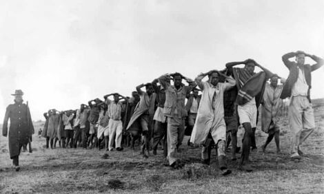The British colonialists subjecting Kenyans to torture and harrasment in their own land. 