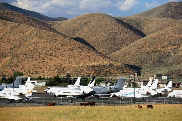 Private and corporate jets parked at an airport in Hailey, Idaho. President Biden has dismissed critics of his tax plan by noting it would not deprive any executives of private jet travel.