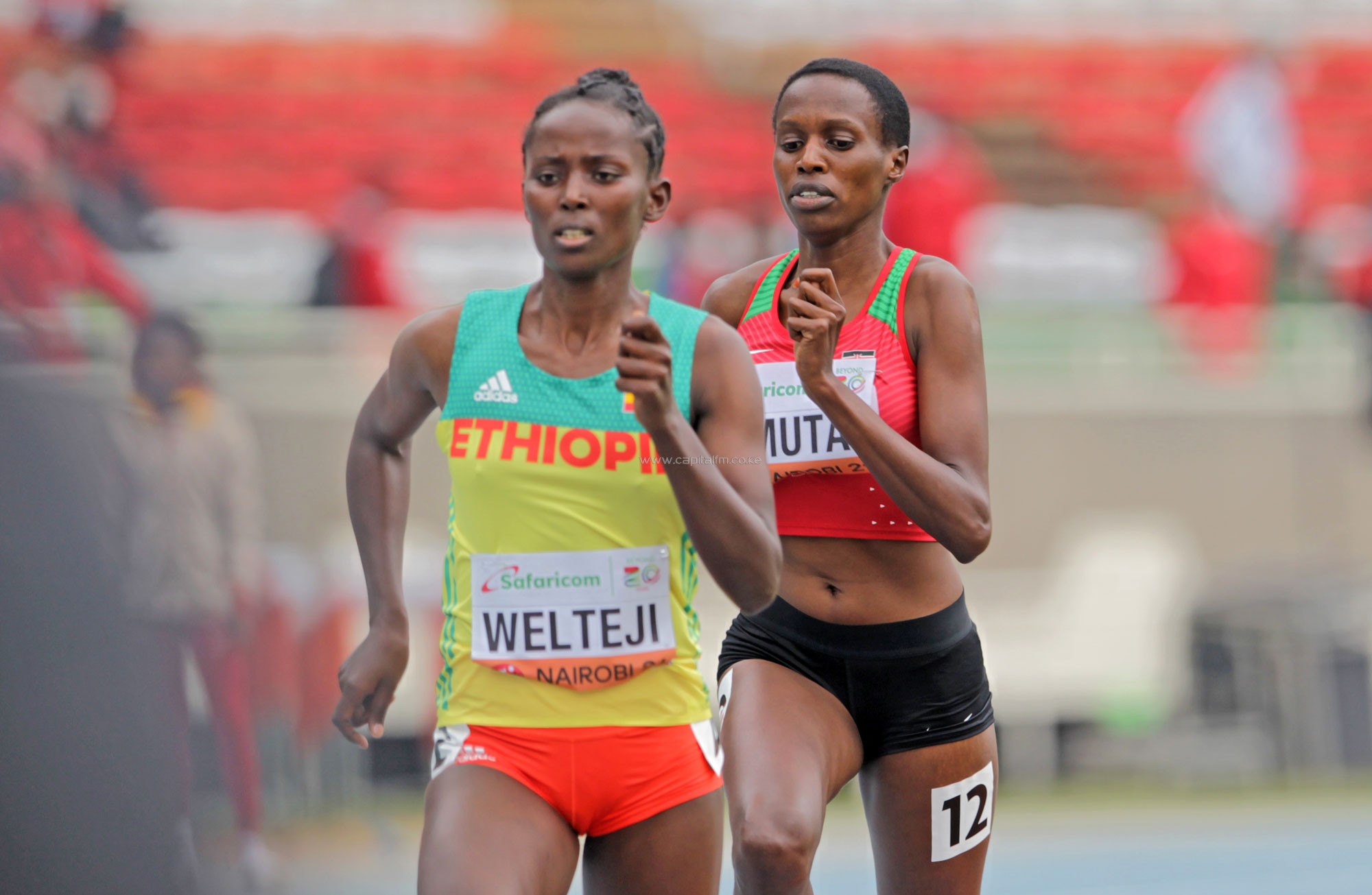 Winnie Jemutai trails Ethiopian Diribe Welteji during the World Under-20 Championships at the Kasarani Stadium. PHOTO/Raymond Makhaya