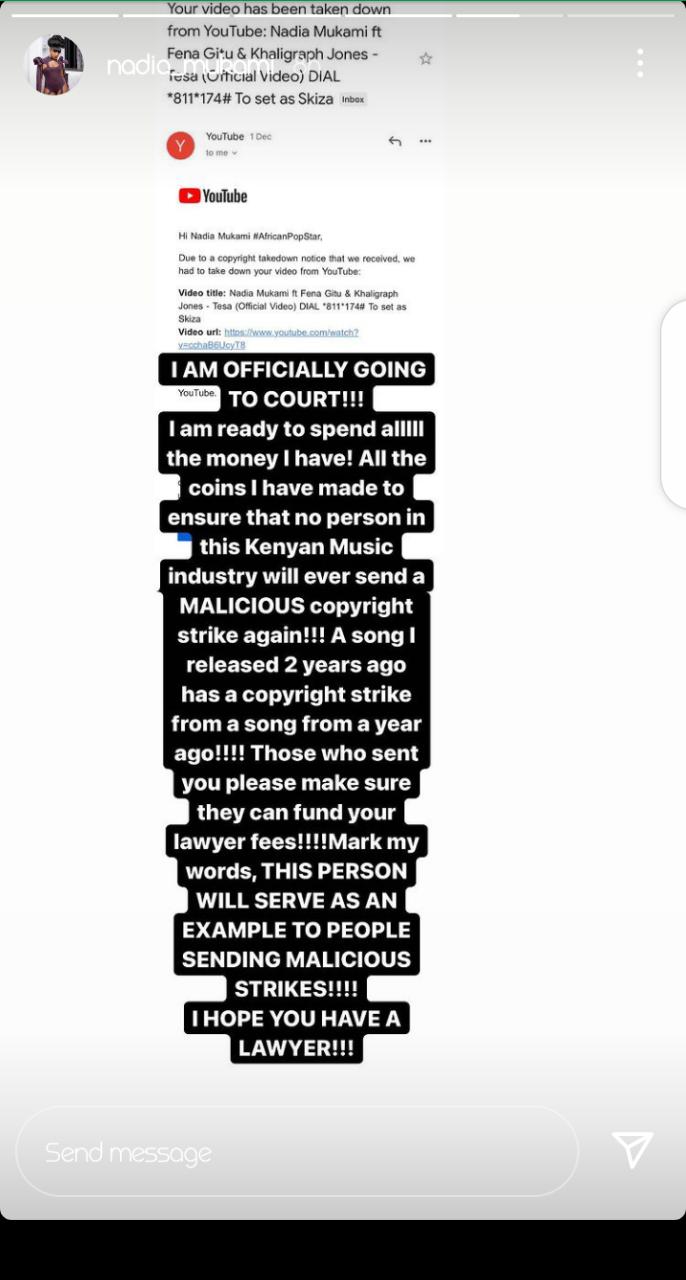 Nadia Mukami Vows To Go To Court After Her Song Is Unfairly Pulled Down From YouTube