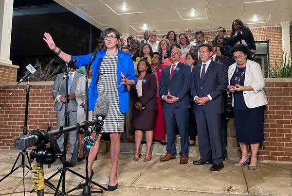 State Representative Jessica Gonzales speaking in Austin, Texas on Monday, after her party blocked one of the most restrictive voting bills in the U.S. from passing.