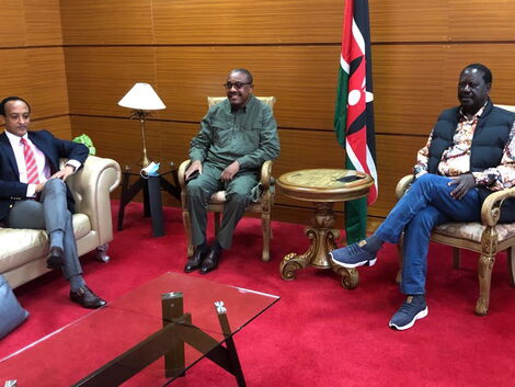 ODM leader Raila Odinga meeting with former Ethiopian Prime Minister, Hailemariam Desalegn Boshe and former Ambassador to Kenya Meles Alem on Friday, February 4, 2022.