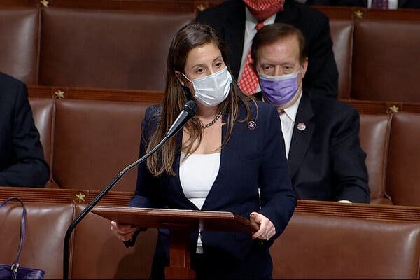 Representative Elise Stefanik of New York objecting to the confirmation of Electoral College votes from Arizona as the House reconvened hours after the Jan. 6 riot.