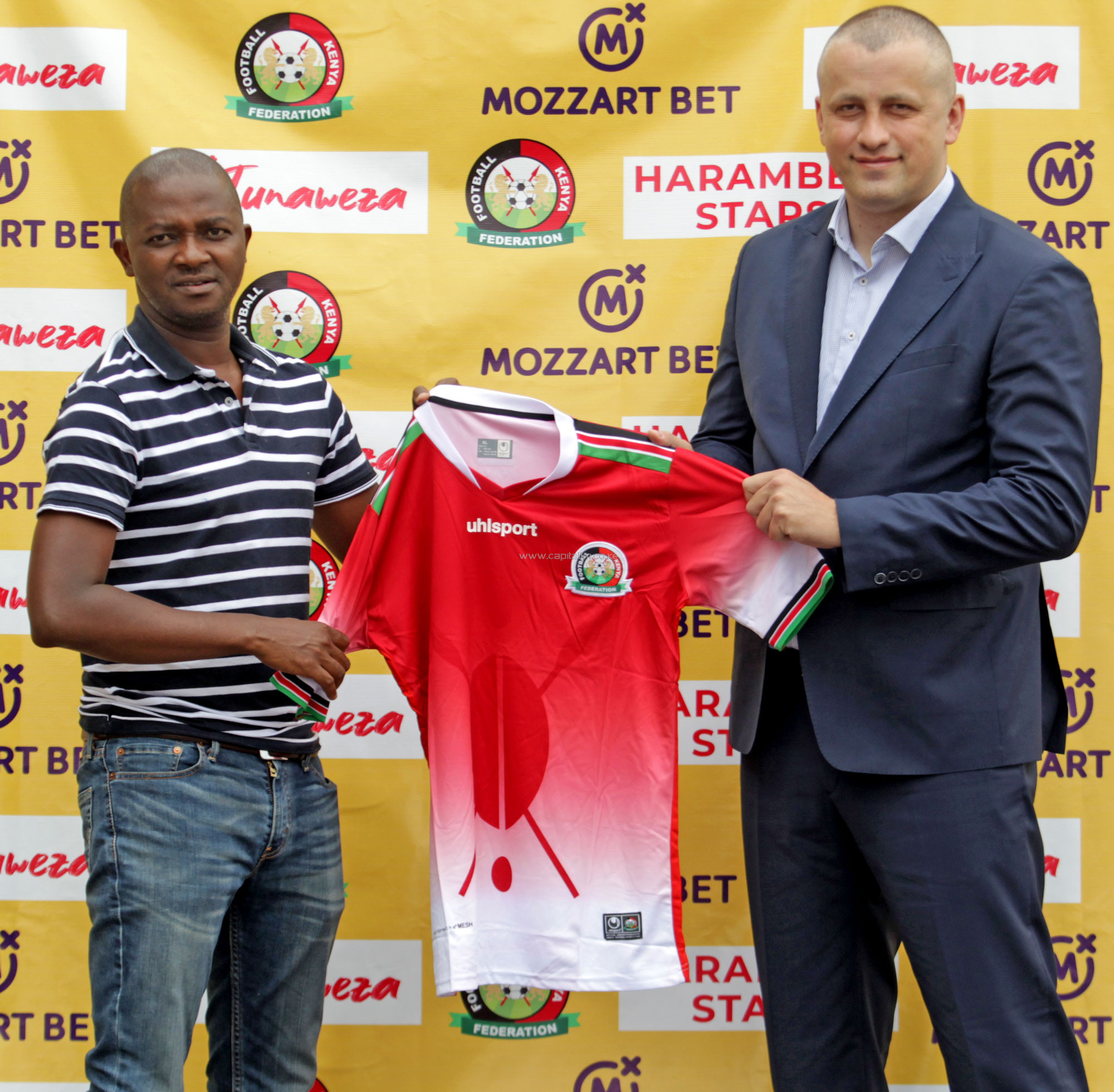 Mozzart Bet GM Sasa Krneta (right) with FKF President Nick Mwendwa. PHOTO/Raymond Makhaya