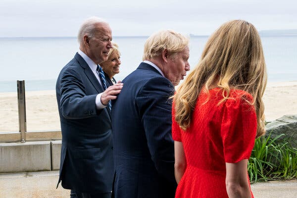 President Biden with his wife, Dr. Jill Biden, Prime Minister Boris Johnson of Britain and his wife, Carrie Johnson, in Cornwall, England, on Thursday.