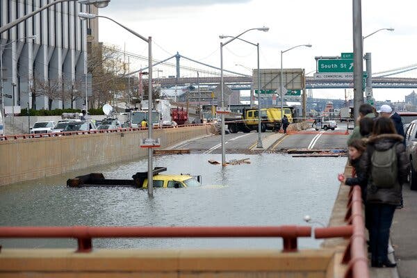 Trucks were submerged on the ramp to the Battery underpass in lower Manhattan after Hurricane Sandy struck New York in 2012.