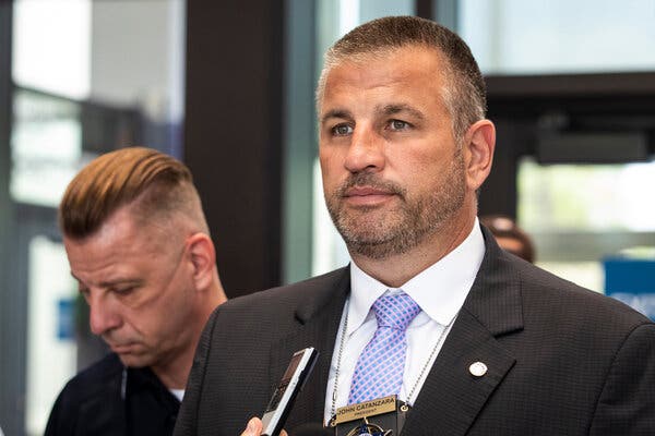 John Catanzara, head of the Chicago police officers union, last August. Mr. Catanzara has called on police officers to defy the city’s requirement to report their Covid-19 vaccination status.