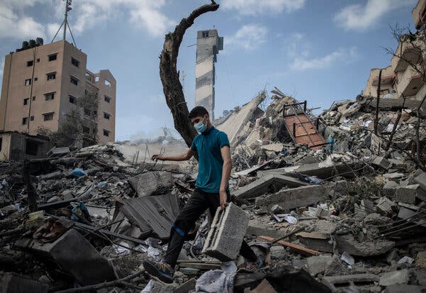 A Gaza City building destroyed by an early-morning Israeli airstrike on Tuesday.