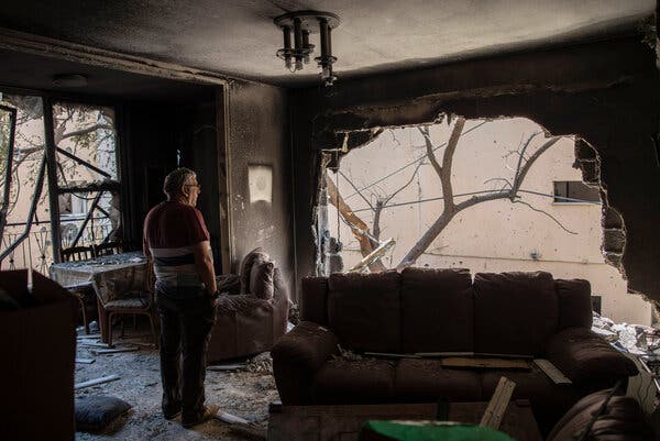 A damaged building in Petah Tikva, Israel, that was hit by a rocket fired from the Gaza Strip.