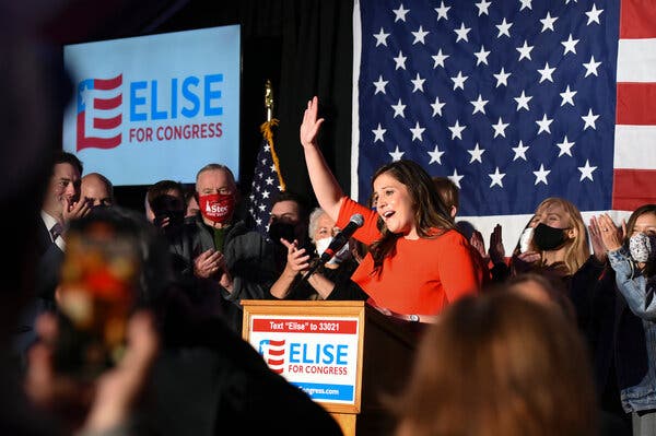 Rep. Elise Stefanik at her election night victory party last November. Ms. Stefanik has echoed Trump’s falsehoods of rampant voter fraud, and voted to overturn the election results on Jan. 6.