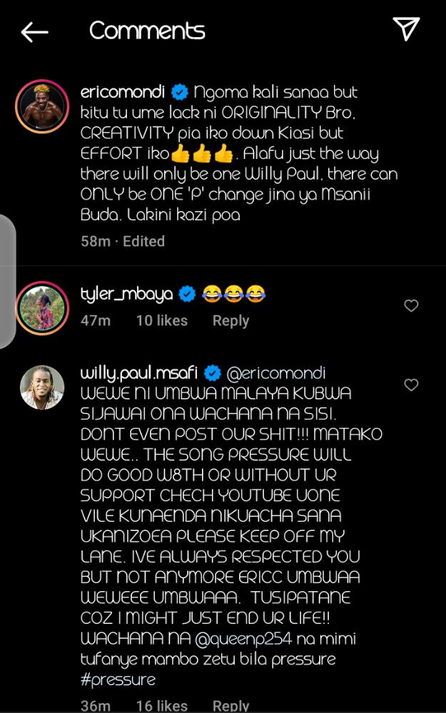 Willy Paul Threatens To End Eric Omondi's Life After He Criticized His Music Video (Screenshot)