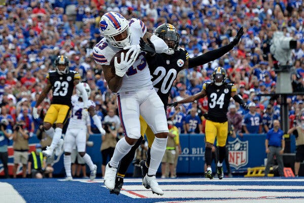 Bills receiver Gabriel Davis caught a 3-yard touchdown pass against Steelers cornerback Cameron Sutton.
