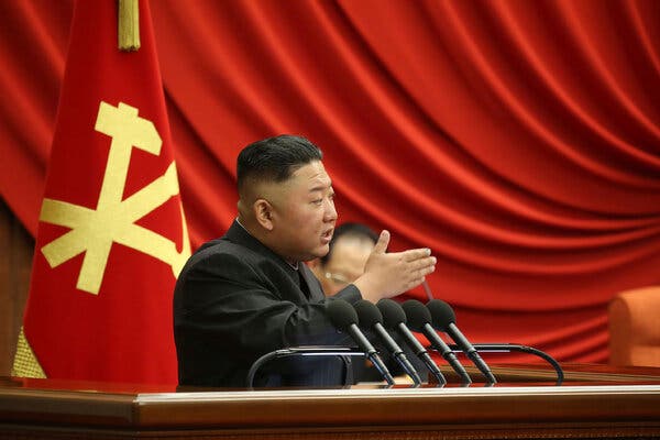 Kim Jong-un during a meeting of North Korea’s Politburo on Tuesday, where he spoke of a “great crisis” in the country’s pandemic response.