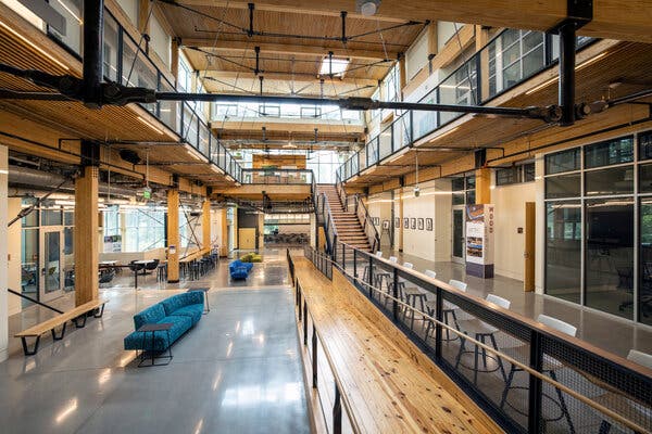 Twenty-five thousand linear feet of two-by-four wooden planks was salvaged from Atlanta film sets and incorporated into the Kendeda Building.